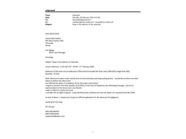 Despite of full payment in advance , vendors hasn't yet  delivered the Materials fully.