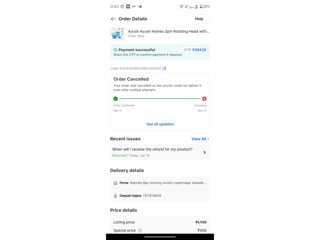 Order automatically cancelled and refund not received