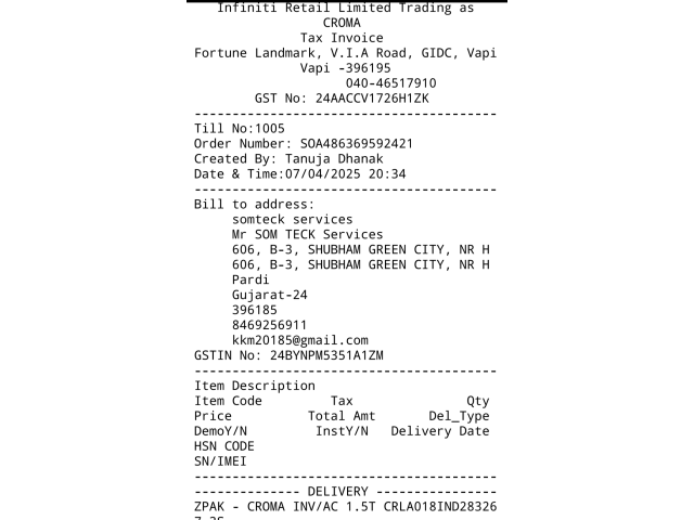 Complaint – Non-provision of Paid Zipcare AC Maintenance