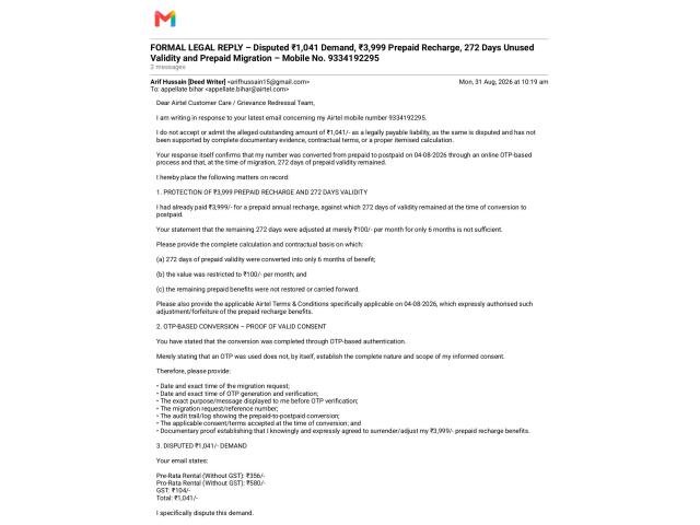 FINAL LEGAL REPRESENTATION – Non-Response to Emails Dated 01.09.2026 & 02.09.2026, Prepaid-to-Po