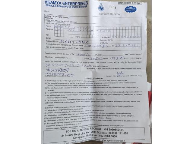 Water Purifier AMC taken for 2 Year from 30-May-23 to 29-May-2025 from Agamya Enterprises (Bhayender Water Purifier AMC taken for 2 Year from 30-May-23 to 29-May-2025 from Agamya Enterprises (Bhayender